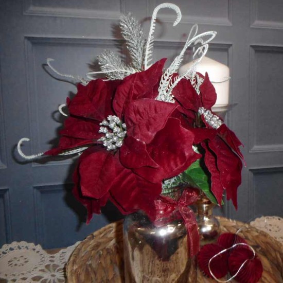 Christmas Artificial Flower Arrangements Red Poinsettias in Silver Vase